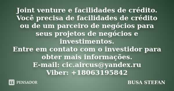 Joint venture e facilidades de crédito. Você precisa de facilidades de crédito ou de um parceiro de negócios para seus projetos de negócios e investimentos. Ent... Frase de BUSA STEFAN.