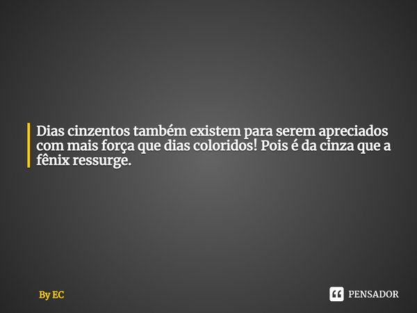 ⁠Dias cinzentos também existem para serem apreciados com mais força que dias coloridos! Pois é da cinza que a fênix ressurge.... Frase de By EC.