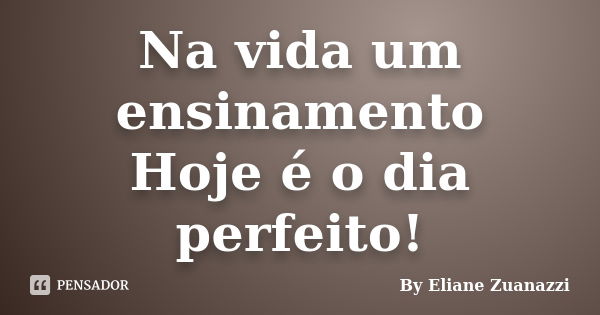 Na vida um ensinamento Hoje é o dia perfeito!... Frase de By Eliane Zuanazzi.