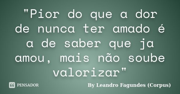 "Pior do que a dor de nunca ter amado é a de saber que ja amou, mais não soube valorizar"... Frase de By Leandro Fagundes (Corpus).