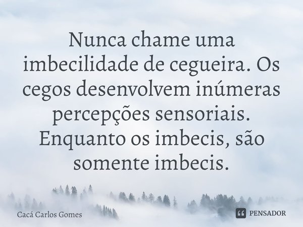 ⁠Nunca chame uma imbecilidade de cegueira. Os cegos desenvolvem inúmeras percepções sensoriais. Enquanto os imbecis, são somente imbecis.... Frase de Cacá Carlos Gomes.