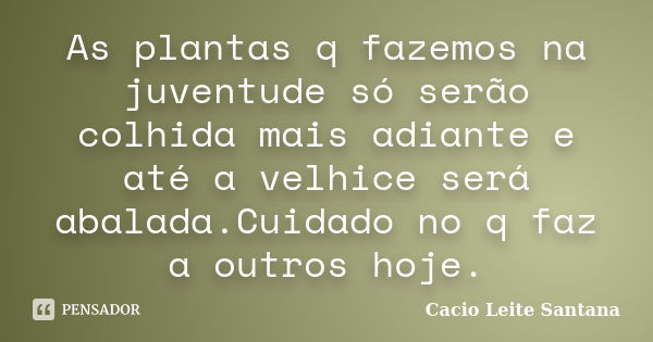 As plantas q fazemos na juventude só serão colhida mais adiante e até a velhice será abalada.Cuidado no q faz a outros hoje.... Frase de Cacio Leite Santana.