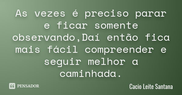 As vezes é preciso parar e ficar somente observando,Daí então fica mais fácil compreender e seguir melhor a caminhada.... Frase de Cacio Leite Santana.