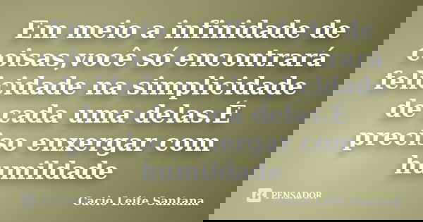 Em meio a infinidade de coisas,você só encontrará felicidade na simplicidade de cada uma delas.É preciso enxergar com humildade... Frase de Cacio Leite Santana.