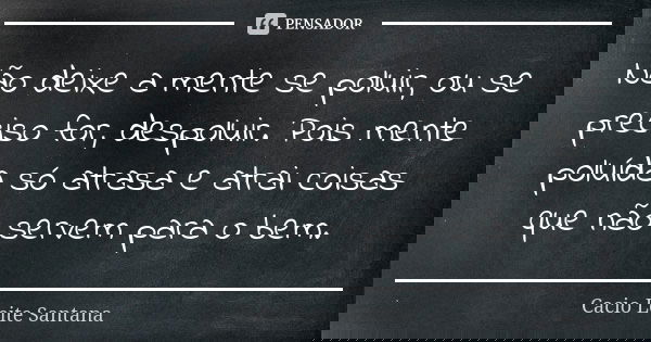 Não deixe a mente se poluir, ou se preciso for, despoluir. Pois mente poluída só atrasa e atrai coisas que não servem para o bem.... Frase de Cacio Leite Santana.