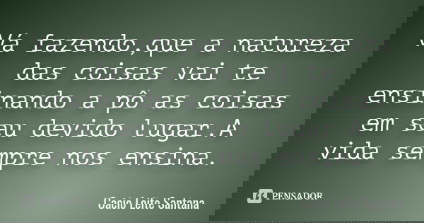 Vá fazendo,que a natureza das coisas vai te ensinando a pô as coisas em seu devido lugar.A vida sempre nos ensina.... Frase de Cacio Leite Santana.