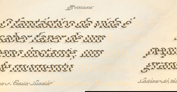 O fantastico da vida é saber fazer de um pequeno instante, um grande momento.... Frase de Caderno de frases e Poesias Scarlat.