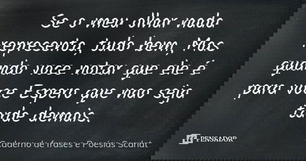 Se o meu olhar nada representa, tudo bem, Mas quando voce notar que ele é para voce Espero que nao seja tarde demais.... Frase de Caderno de Frases e Poesias Scarlat.