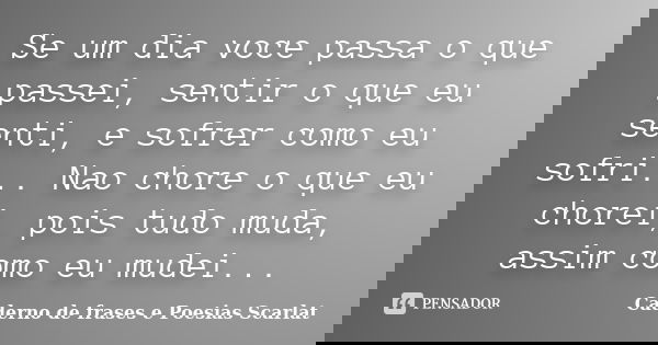 Se um dia voce passa o que passei, sentir o que eu senti, e sofrer como eu sofri... Nao chore o que eu chorei, pois tudo muda, assim como eu mudei...... Frase de Caderno de Frases e Poesias Scarlat.