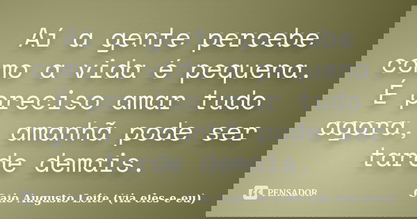Aí a gente percebe como a vida é pequena. É preciso amar tudo agora, amanhã pode ser tarde demais.... Frase de Caio Augusto Leite (via eles-e-eu).
