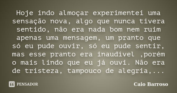 Hoje indo almoçar experimentei uma sensação nova, algo que nunca tivera sentido, não era nada bom nem ruim apenas uma mensagem, um pranto que só eu pude ouvir, ... Frase de Caio Barroso.