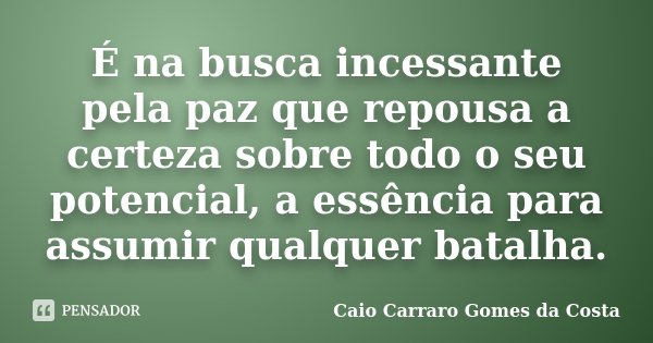 É na busca incessante pela paz que repousa a certeza sobre todo o seu potencial, a essência para assumir qualquer batalha.... Frase de Caio Carraro Gomes da Costa.