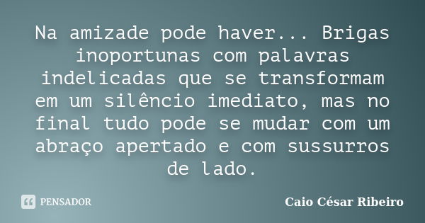 Na amizade pode haver... Brigas inoportunas com palavras indelicadas que se transformam em um silêncio imediato, mas no final tudo pode se mudar com um abraço a... Frase de Caio César Ribeiro.