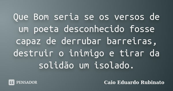 Que Bom seria se os versos de um poeta desconhecido fosse capaz de derrubar barreiras, destruir o inimigo e tirar da solidão um isolado.... Frase de Caio Eduardo Rubinato.