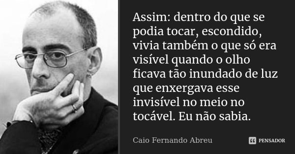 Assim: dentro do que se podia tocar, escondido, vivia também o que só era visível quando o olho ficava tão inundado de luz que enxergava esse invisível no meio ... Frase de Caio Fernando Abreu.