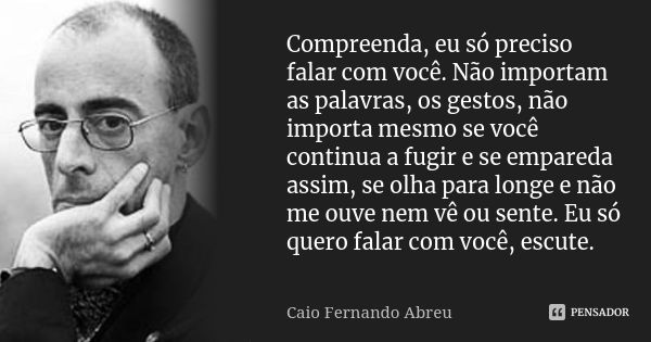 Compreenda, eu só preciso falar com você. Não importam as palavras, os gestos, não importa mesmo se você continua a fugir e se empareda assim, se olha para long... Frase de Caio Fernando Abreu.