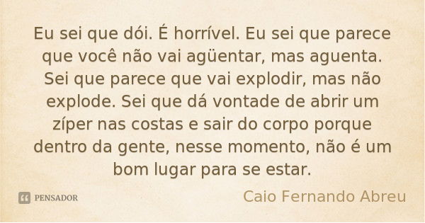 Eu sei que dói. É horrível. Eu sei que parece que você não vai agüentar, mas aguenta. Sei que parece que vai explodir, mas não explode. Sei que dá vontade de ab... Frase de Caio Fernando Abreu.