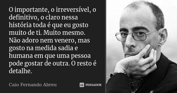 O importante, o irreversível, o definitivo, o claro nessa história toda é que eu gosto muito de ti. Muito mesmo. Não adoro nem venero, mas gosto na medida sadia... Frase de Caio Fernando Abreu.