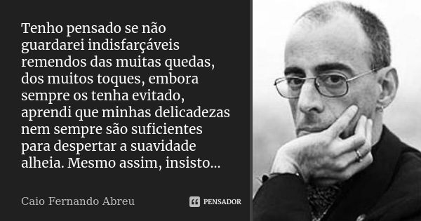 Tenho pensado se não guardarei indisfarçáveis remendos das muitas quedas, dos muitos toques, embora sempre os tenha evitado, aprendi que minhas delicadezas nem ... Frase de Caio Fernando Abreu.