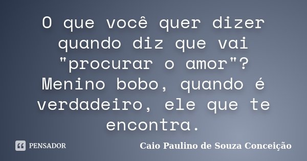 O que você quer dizer quando diz que vai "procurar o amor"? Menino bobo, quando é verdadeiro, ele que te encontra.... Frase de Caio Paulino de Souza Conceição.