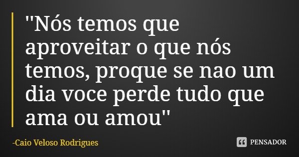 ''Nós temos que aproveitar o que nós temos, porque se não um dia você perde tudo que ama ou amou''... Frase de Caio Veloso Rodrigues.