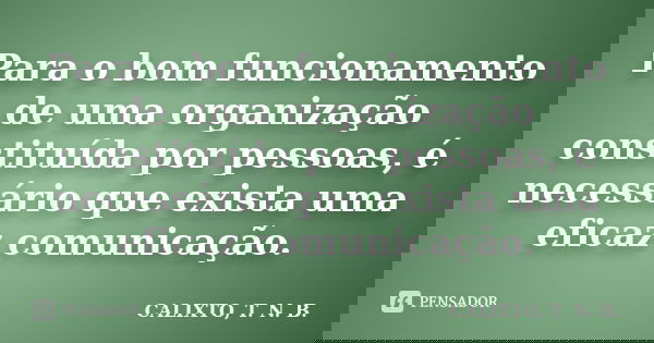 Para o bom funcionamento de uma organização constituída por pessoas, é necessário que exista uma eficaz comunicação.... Frase de CALIXTO, T. N. B..