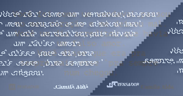 Você foi como um vendaval,passou no meu coração e me deixou mal. Você um dia acreditou,que havia um falso amor. Você disse que era pra sempre,mais esse ‘pra sem... Frase de Camila Alda.