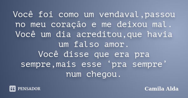 Você foi como um vendaval,passou no meu coração e me deixou mal. Você um dia acreditou,que havia um falso amor. Você disse que era pra sempre,mais esse ‘pra sem... Frase de Camila Alda.