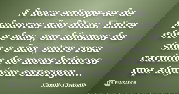 A boca entope-se de palavras não ditas. Entre ele e elas, em abismos de sim e não, entre rosa carmim de meus brincos que alguém enxergou...... Frase de Camila Custodio.