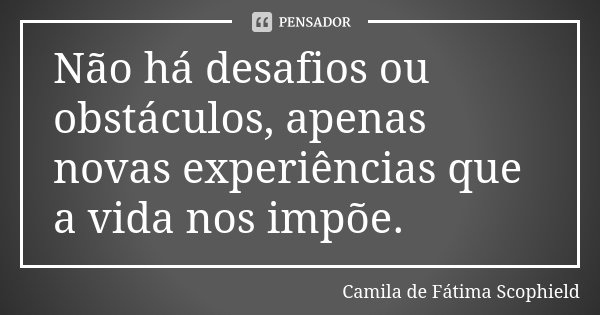 Não há desafios ou obstáculos, apenas novas experiências que a vida nos impõe.... Frase de Camila de Fátima Scophield.