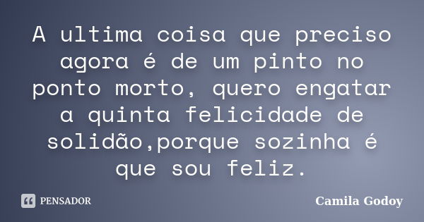 A ultima coisa que preciso agora é de um pinto no ponto morto, quero engatar a quinta felicidade de solidão,porque sozinha é que sou feliz.... Frase de Camila Godoy.