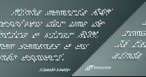 Minha memoria RAM resolveu dar uma de romântica e virar ROM. Já fazem semanas e eu ainda não esqueci.... Frase de Camila Godoy.
