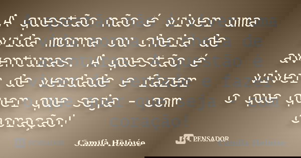 A questão não é viver uma vida morna ou cheia de aventuras. A questão é viver de verdade e fazer o que quer que seja - com coração!... Frase de Camila Heloíse.