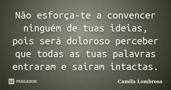 Não esforça-te a convencer ninguém de tuas ideias, pois será doloroso perceber que todas as tuas palavras entraram e saíram intactas.... Frase de Camila Lombrosa.