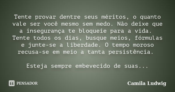 Tente provar dentre seus méritos, o quanto vale ser você mesmo sem medo. Não deixe que a insegurança te bloqueie para a vida. Tente todos os dias, busque meios,... Frase de Camila Ludwig.