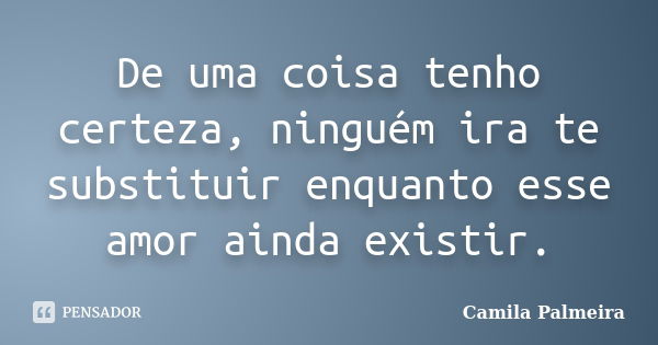 De uma coisa tenho certeza, ninguém ira te substituir enquanto esse amor ainda existir.... Frase de Camila Palmeira.