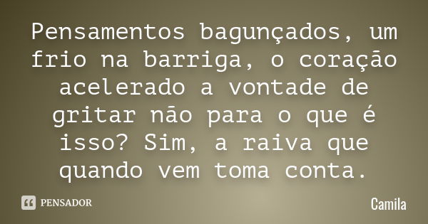 Pensamentos bagunçados, um frio na barriga, o coração acelerado a vontade de gritar não para o que é isso? Sim, a raiva que quando vem toma conta.... Frase de Camila.