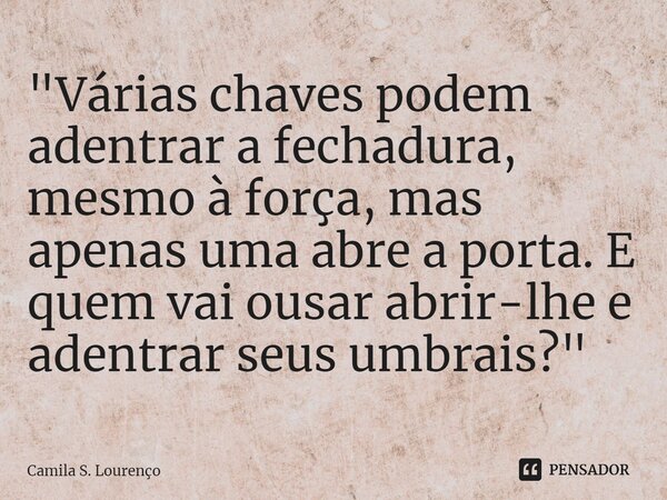 ⁠"Várias chaves podem adentrar a fechadura, mesmo à força, mas apenas uma abre a porta. E quem vai ousar abrir-lhe e adentrar seus umbrais?"... Frase de Camila S. Lourenço.