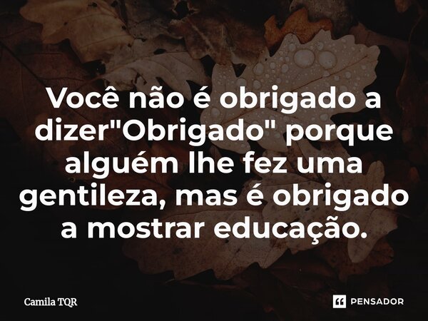 ⁠Você não é obrigado a dizer "Obrigado" porque alguém lhe fez uma gentileza, mas é obrigado a mostrar educação.... Frase de Camila TQR.