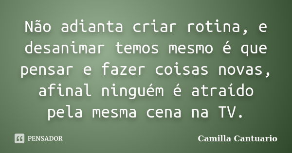 Não adianta criar rotina, e desanimar temos mesmo é que pensar e fazer coisas novas, afinal ninguém é atraído pela mesma cena na TV.... Frase de Camilla Cantuario.