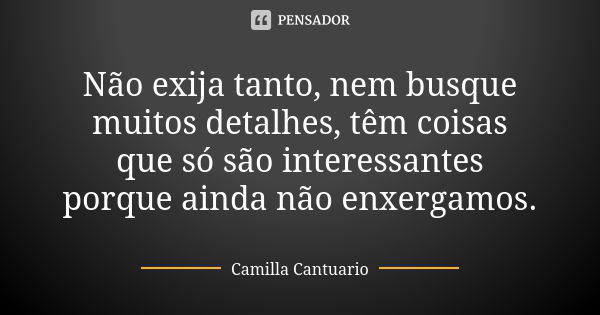 Não exija tanto, nem busque muitos detalhes, têm coisas que só são interessantes porque ainda não enxergamos.... Frase de Camilla Cantuario.