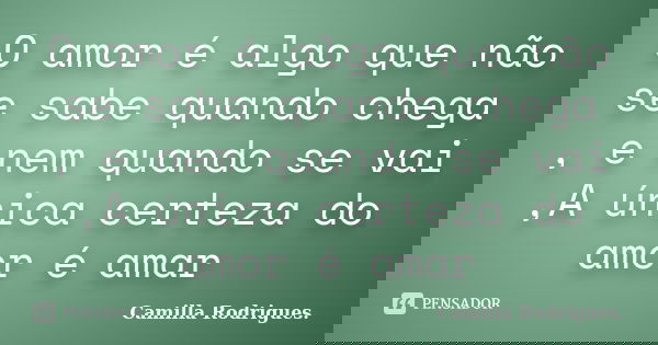 O amor é algo que não se sabe quando chega , e nem quando se vai ,A única certeza do amor é amar... Frase de Camilla Rodrigues.