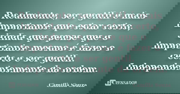 Realmente, ser gentil é mais importante que estar certo, ainda que pense que o importante mesmo é fazer o certo e ser gentil. Independentemente da ordem.... Frase de Camilla Souza.