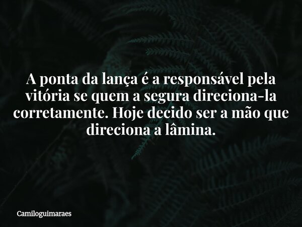 A ponta da lança é a responsável pela vitória se quem a segura direciona-la corretamente. Hoje decido ser a mão que direciona a lâmina.... Frase de camiloguimaraes.