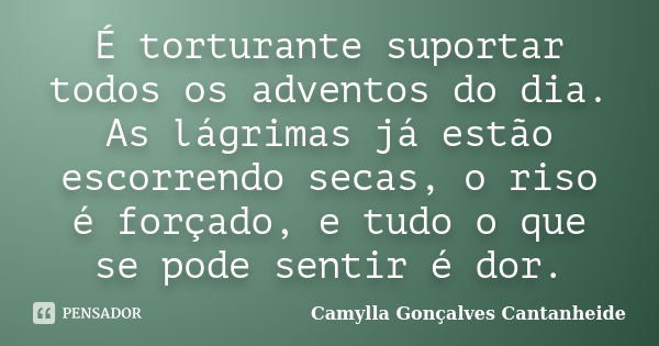 É torturante suportar todos os adventos do dia. As lágrimas já estão escorrendo secas, o riso é forçado, e tudo o que se pode sentir é dor.... Frase de Camylla Gonçalves Cantanheide.