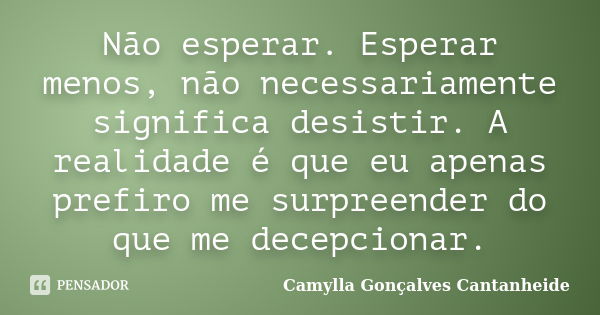 Não esperar. Esperar menos, não necessariamente significa desistir. A realidade é que eu apenas prefiro me surpreender do que me decepcionar.... Frase de Camylla Gonçalves Cantanheide.