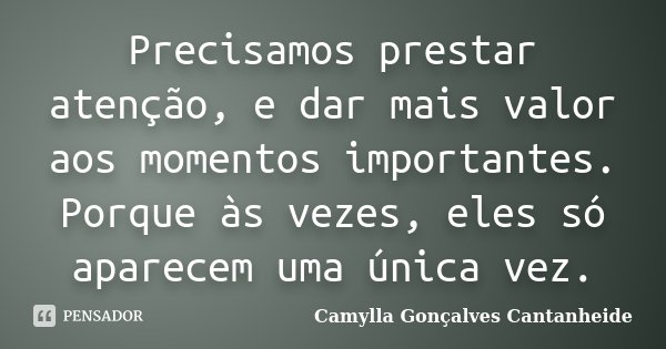 Precisamos prestar atenção, e dar mais valor aos momentos importantes. Porque às vezes, eles só aparecem uma única vez.... Frase de Camylla Gonçalves Cantanheide.