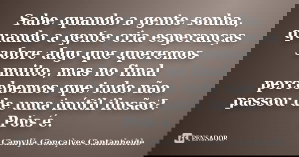 Sabe quando a gente sonha, quando a gente cria esperanças sobre algo que queremos muito, mas no final percebemos que tudo não passou de uma inútil ilusão? Pois ... Frase de Camylla Gonçalves Cantanheide.