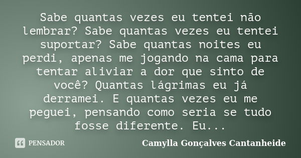 Sabe quantas vezes eu tentei não lembrar? Sabe quantas vezes eu tentei suportar? Sabe quantas noites eu perdi, apenas me jogando na cama para tentar aliviar a d... Frase de Camylla Gonçalves Cantanheide.