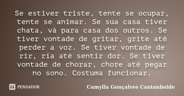 Se estiver triste, tente se ocupar, tente se animar. Se sua casa tiver chata, vá para casa dos outros. Se tiver vontade de gritar, grite até perder a voz. Se ti... Frase de Camylla Gonçalves Cantanheide.